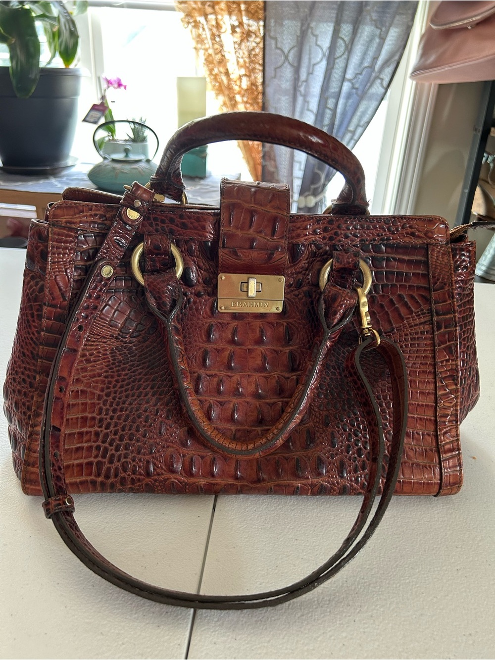 Brahmin Chestnut Croc-Embossed Leather Satchel with Gold Hardware